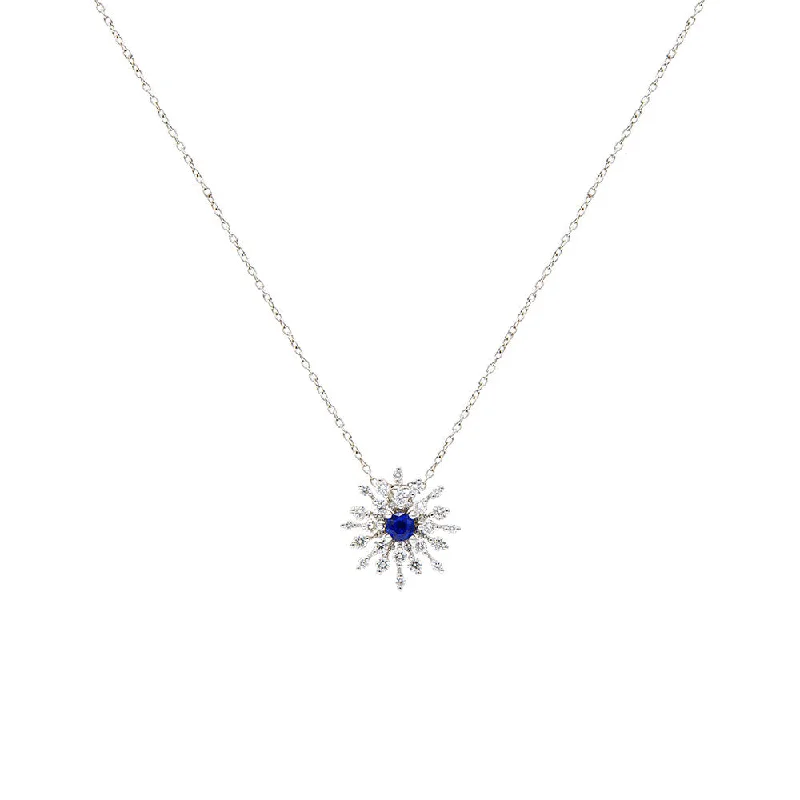 women’s diamond pendant necklaces-18 Karat White Gold Sapphire and Diamond Starburst Necklace