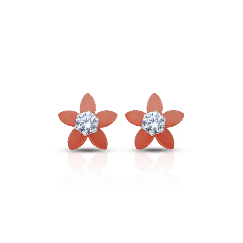 women’s diamond stud earrings-Orange Flower Silver Earrings with American Diamond Center