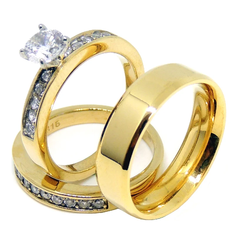 gold engagement rings for women-Couples Ring Set Womens Gold Plated 6mm Round CZ Ring Set Mens Gold Plated Flat Wedding Band