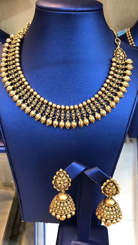 women’s diamond chain necklaces-22K Antique Gold Fan Statement Necklace & Jhumkis Earrings Set