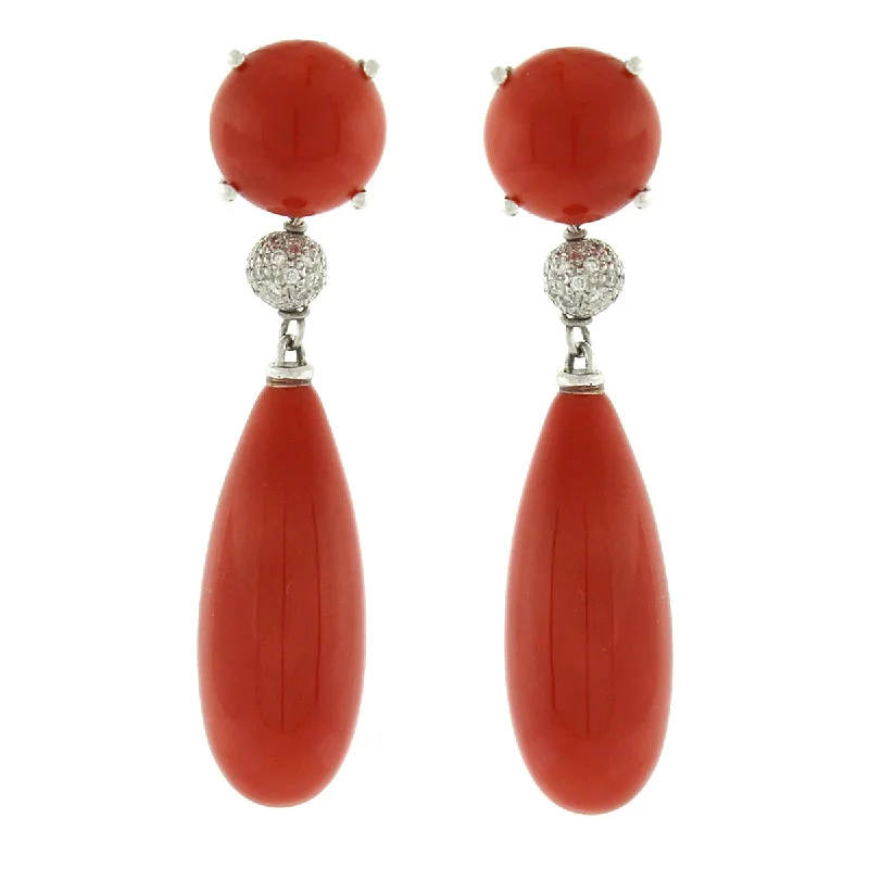 women’s luxury gold earrings-Cabochon Coral and Diamond Pave Drop Earrings