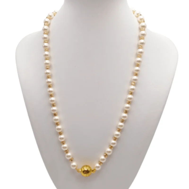 women’s gemstone necklaces-Pearl and Gold Necklace with Ball Clasp