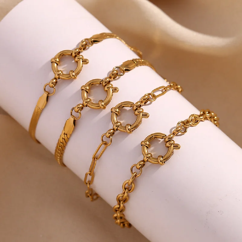 women’s statement bracelets-Women Fashion Circle Geometric Stainless Steel 18K Gold Plated Bracelets