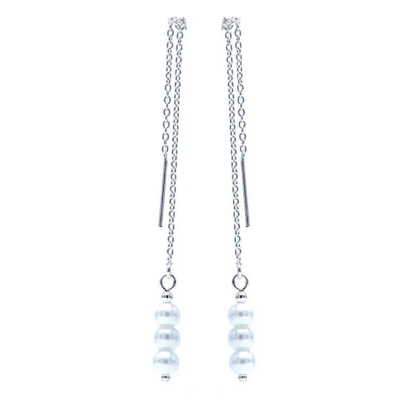 women’s heart earrings-Sterling Silver Pearl Beaded Threader Earrings