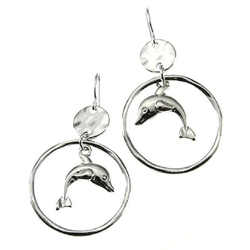 women’s elegant earrings-Hammered Circle Hoop Silver Dolphin Earrings