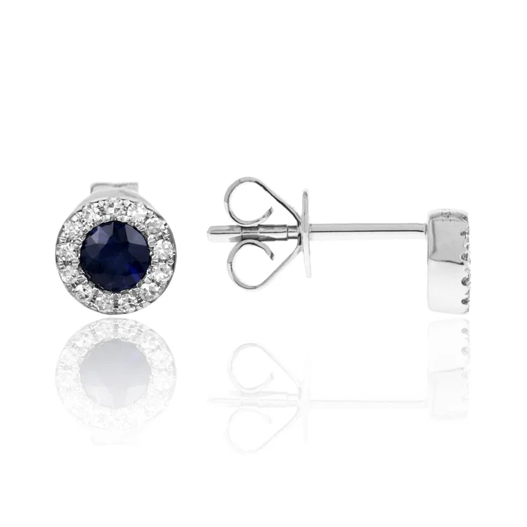 women’s personalized diamond earrings-Luvente 14k White Gold Sapphire Earrings with Diamond Halo E03128-SA