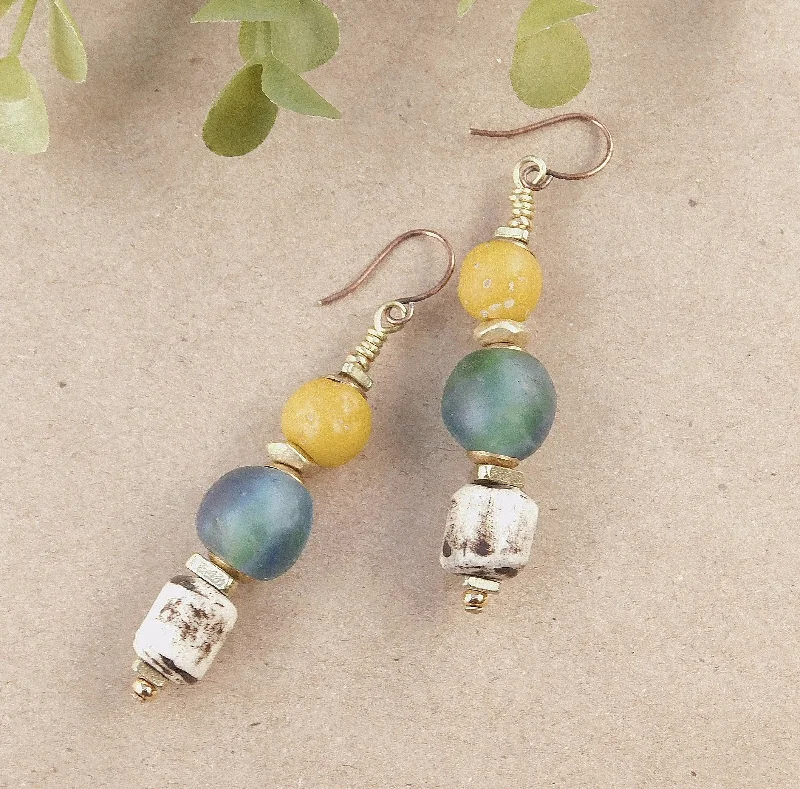 women’s stud earrings with stones-Recycled Glass, Rustic Bone and Yellow Java Bead Earrings