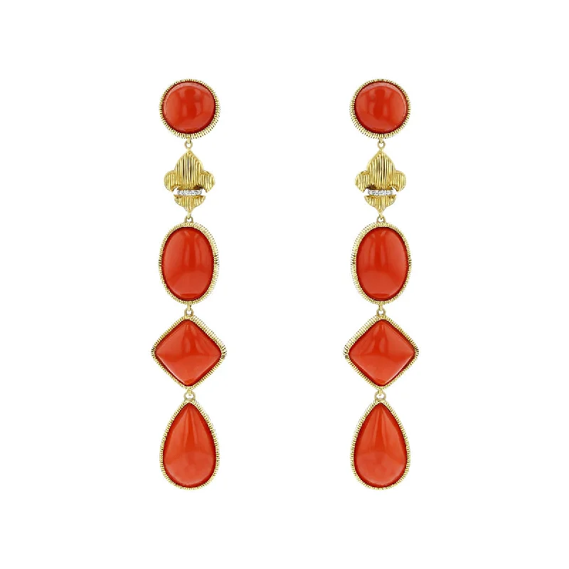 women’s luxury gold earrings-Coral and Diamond Fleur de Lis Drop Earrings