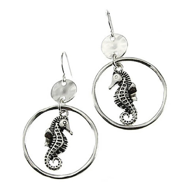 women’s vintage earrings-Hammered Circle Hoop Silver Seahorse Earrings