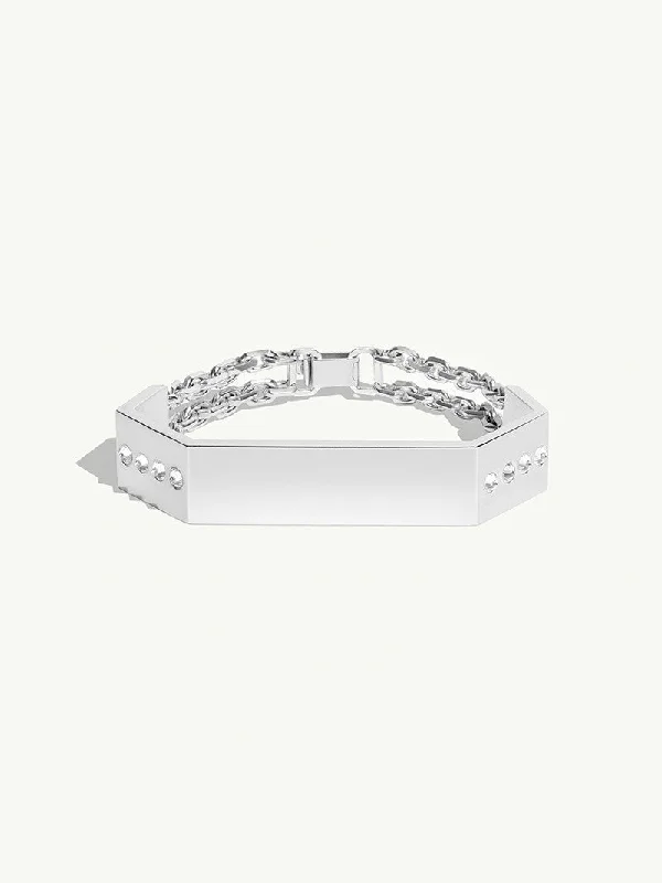 women’s engraved bracelets-Octavian Brilliant-Cut White Diamond Geometric ID Bracelet In Sterling Silver - Large