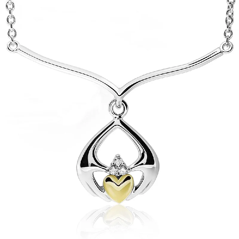 women’s gemstone chain necklaces-Sterling Silver and 14K Gold Mix - Diamond Claddagh Necklace UPS-6170