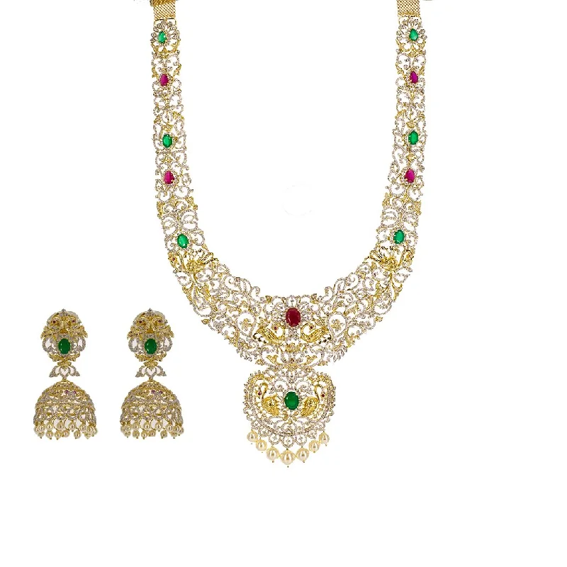 women’s luxury pendant necklaces-18K Yellow Gold Diamond Necklace & Earrings Set W/ 24.19ct VVS Diamonds, Rubies, Emeralds & Pearls