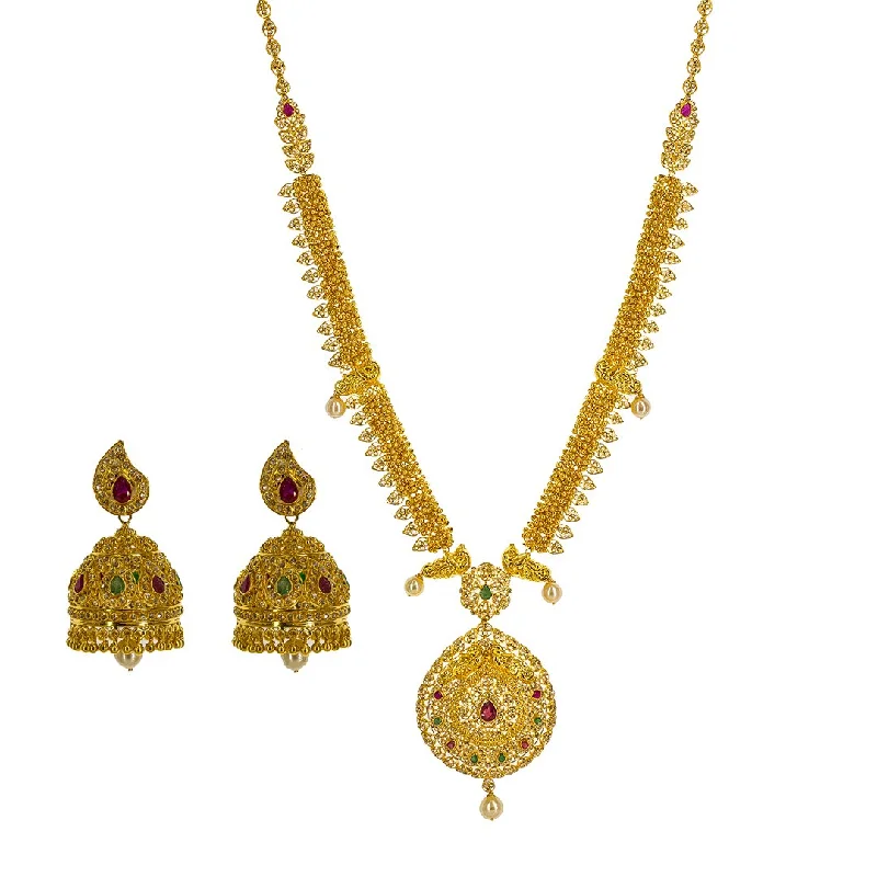 women’s colorful gemstone necklaces-22K Yellow Gold Uncut Diamond Necklace Set W/ 16.85ct Uncut Diamonds, Rubies, Emeralds & Pearls