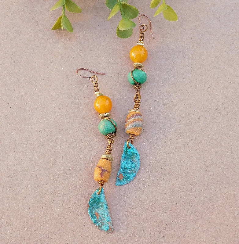 women’s bridal earrings-Patina Charm Mixed Media Bohemian Earrings