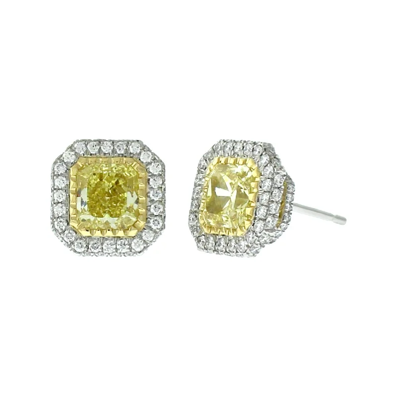 women’s boho earrings-Fancy Intense Yellow Radiant-cut Diamond and Halo Stud Earrings