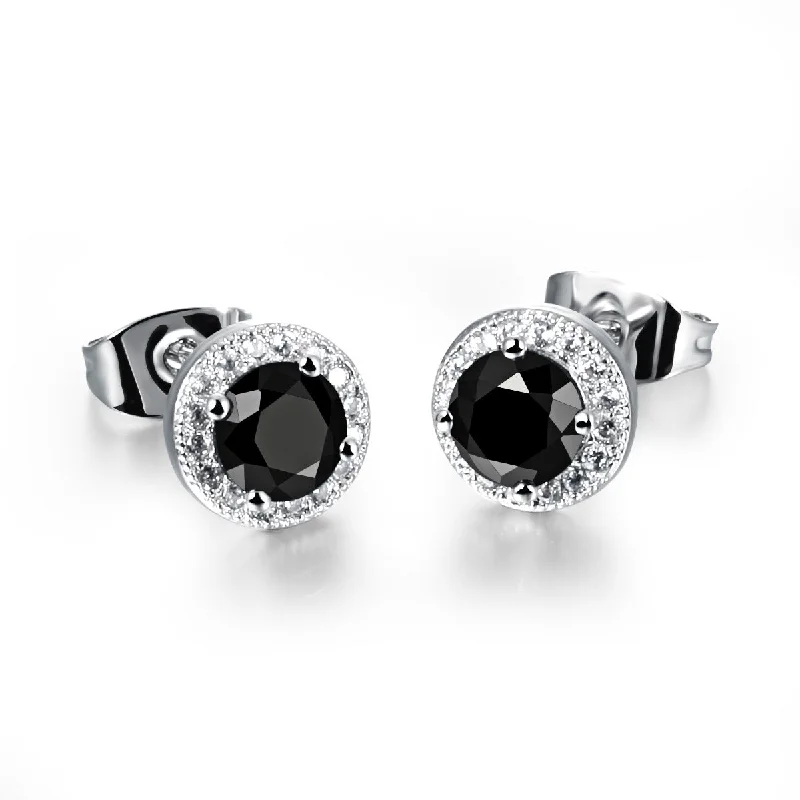 women’s teardrop earrings-Starla Black Onyx Halo CZ Stud Earrings | Platinum Plated | 0.7ct