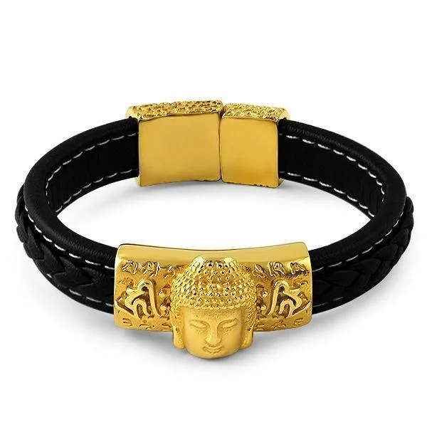 women’s delicate gold bracelets-Gold Buddha Black Leather Bold Fashion Bracelet