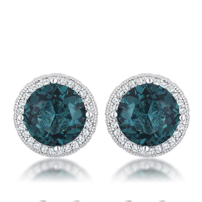 women’s vintage gold earrings-Jan Blue Green Round Halo Silver Earrings | 3ct