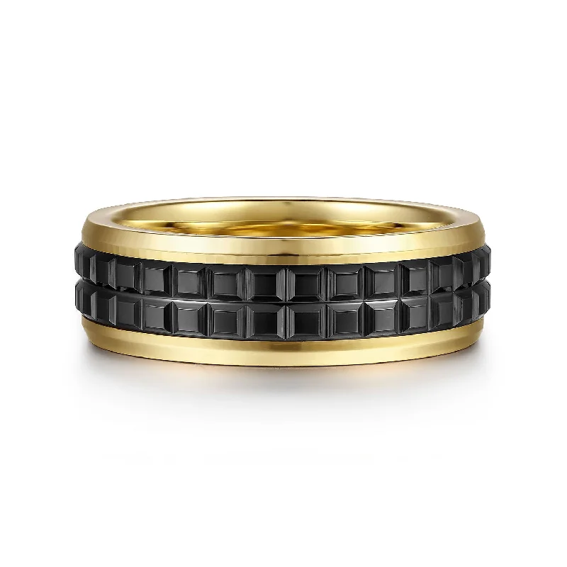 women’s engagement rings with colored diamonds-14K Yellow Gold-Black Ceramic 7mm - Two Tone Beveled Edge Men's Wedding Band