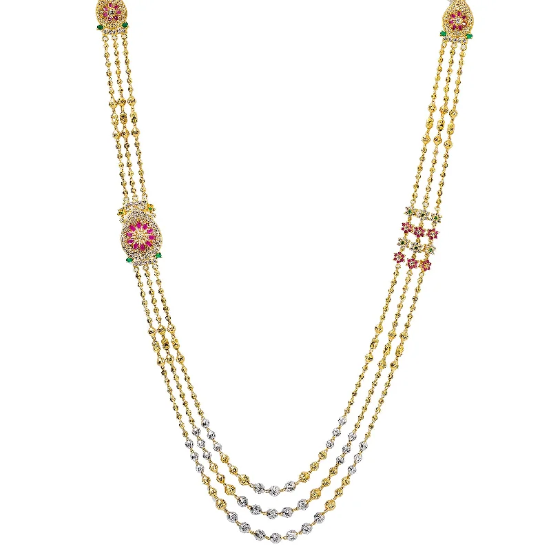 women’s trendy gold necklaces-22K Multi Tone Gold Layered Haaram Necklace W/ Rubies, Emeralds, CZ Gemstones & Triple Ball Strands