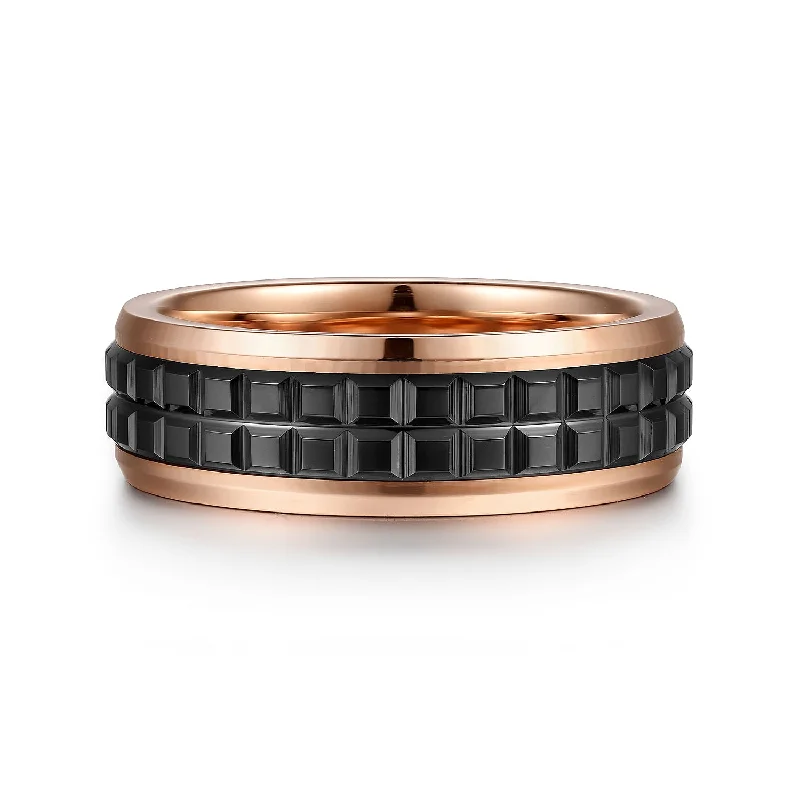 diamond engagement rings for women-14K Rose Gold-Black Ceramic 7mm - Two Tone Beveled Edge Men's Wedding Band