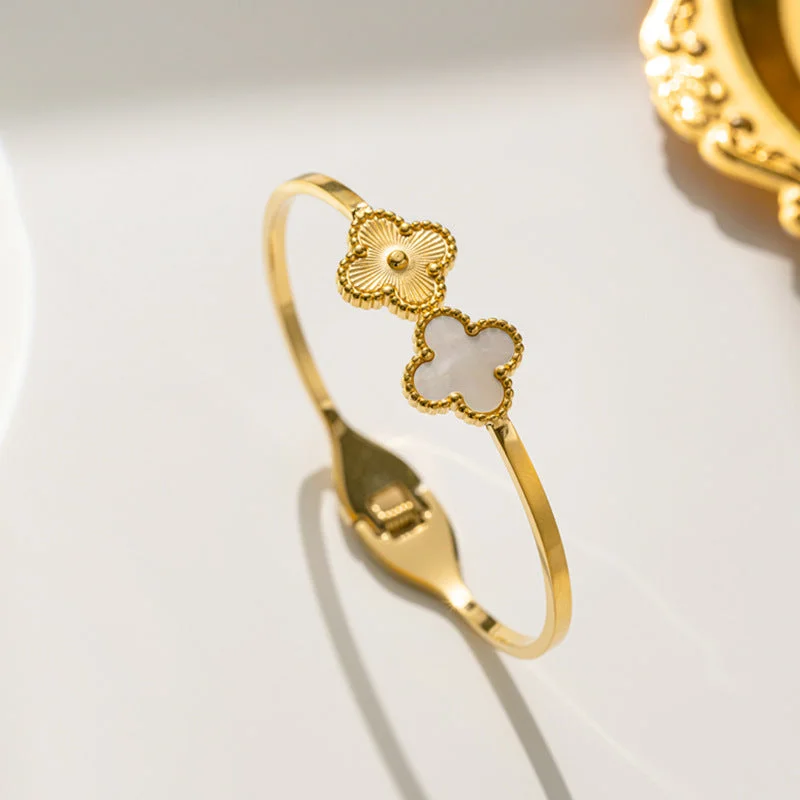 158 Golden Clover True White Shell Laser Bracelet