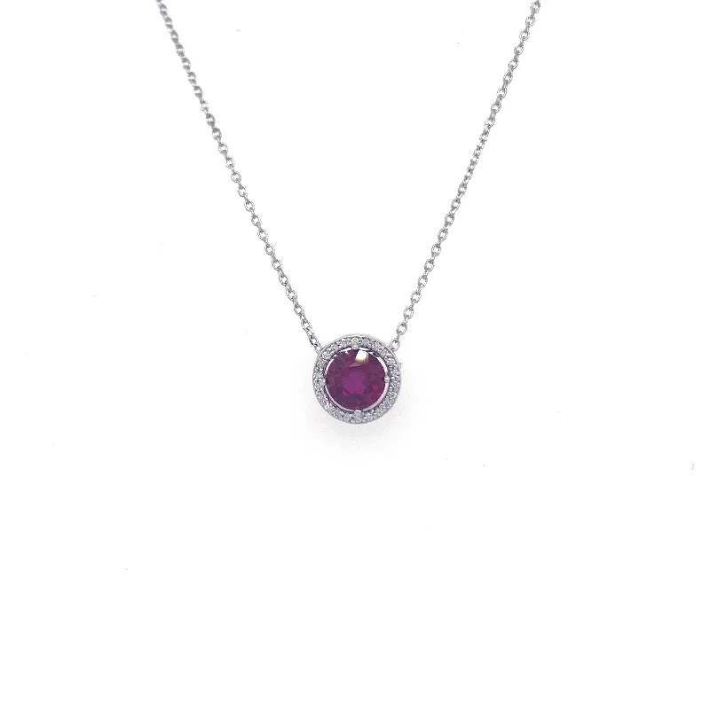 women’s pearl necklaces-14K White Gold 1.00 CT Lab Ruby and Round Diamond Halo 16" Necklace