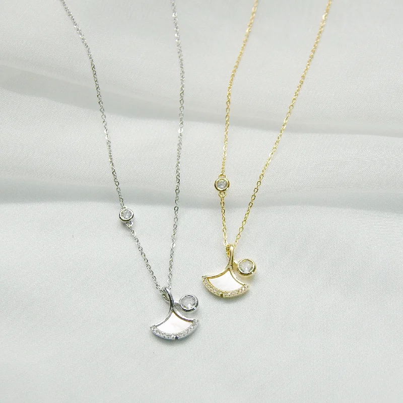 women’s simple silver necklaces-Ginko Leaf w/ CZ Stone Necklace