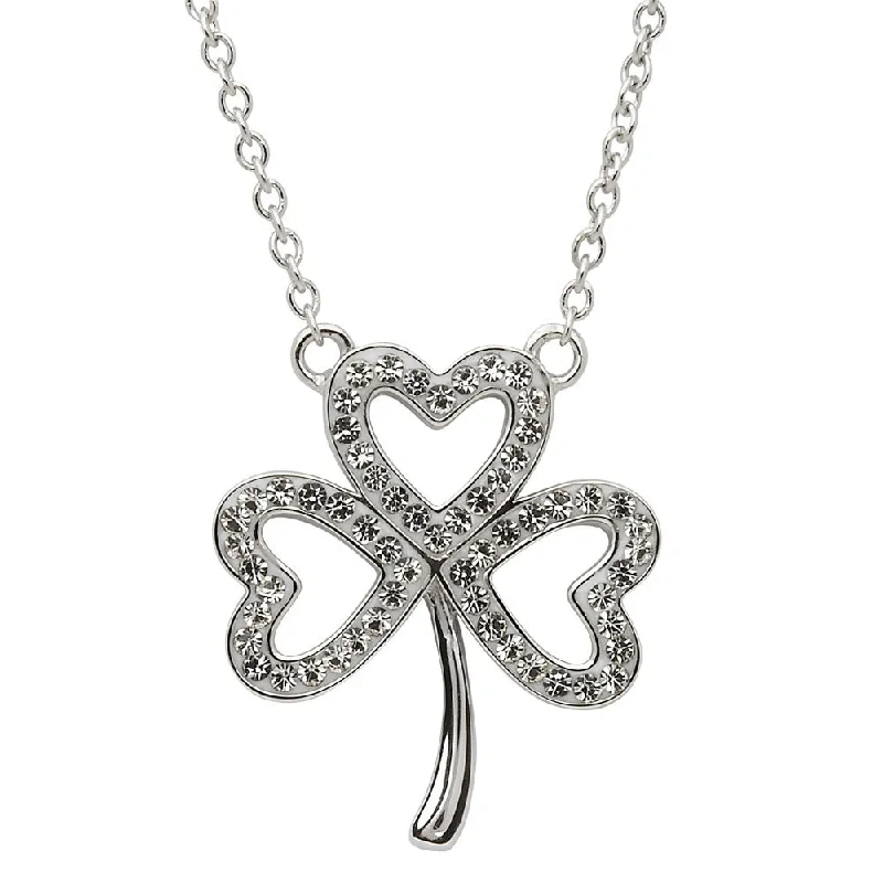 women’s long necklaces-Sterling Silver Shamrock Necklace Embellished with White Swarovski Crystals SW50