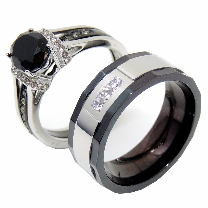 women’s white gold engagement rings-Couple Ring Set Womens Black Oval CZ Promise Ring Mens 3 CZ Wedding Band