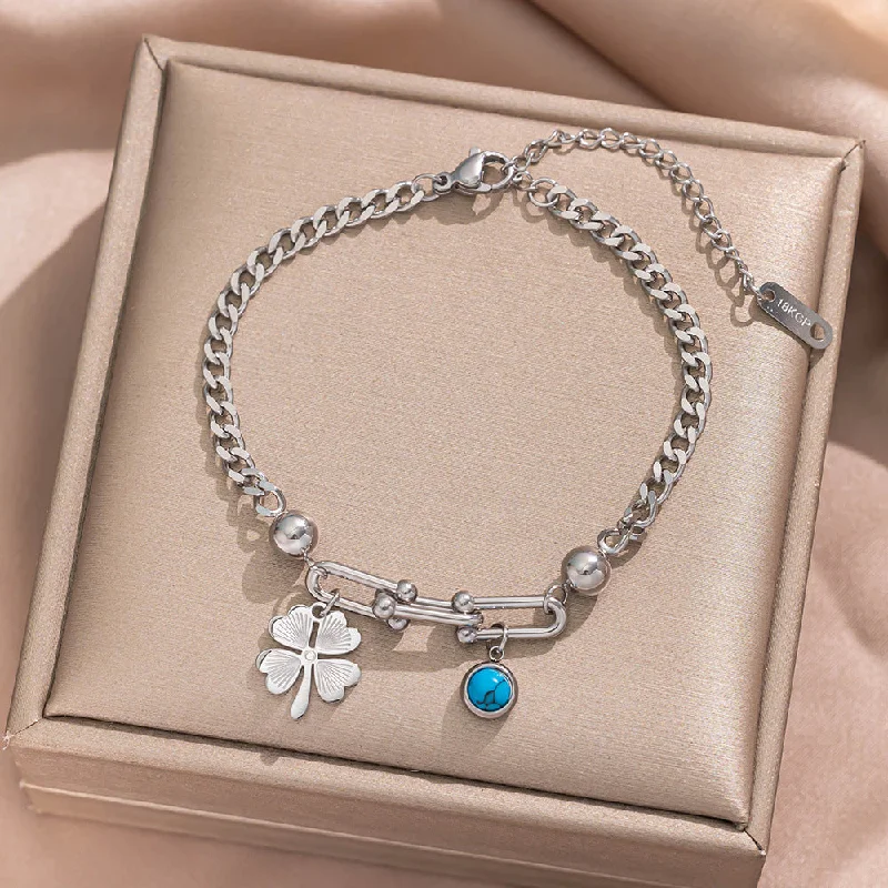 715 Pine Stone Four Leaf Flower Steel Bracelet