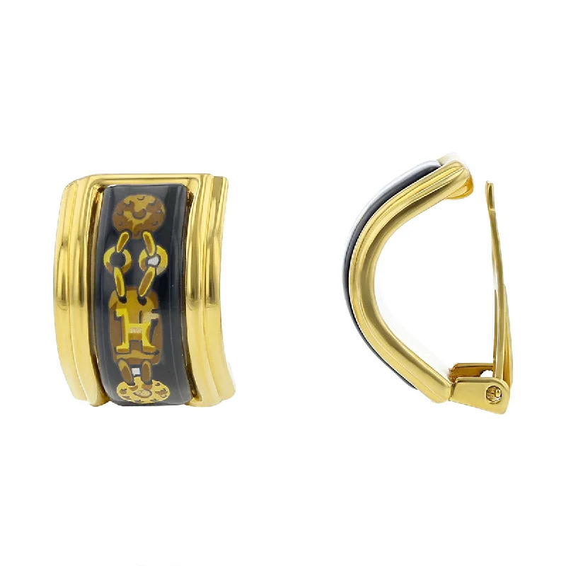 women’s unique earrings-Hermes Printed Enamel Gold Plated Clip Earrings