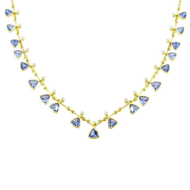 women’s handmade necklaces-18 Karat Yellow Gold necklace with Tanzanite Trillian drops