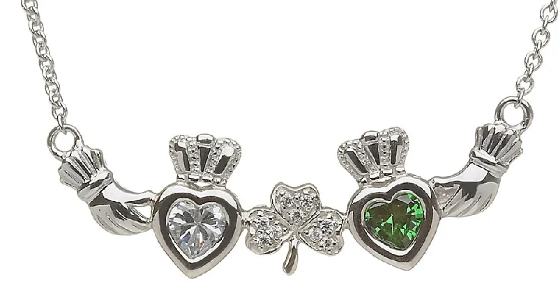 women’s silver choker necklaces-Sterling Silver Mother & Family Claddagh & Shamrock Birthstone Pendant Necklace LS-MP2-S