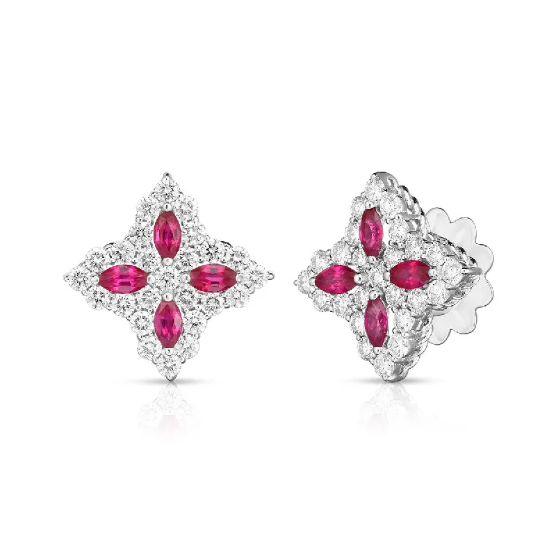 women’s stud earrings with stones-Diamond and Ruby Princess Flower Medium Size Stud Earrings