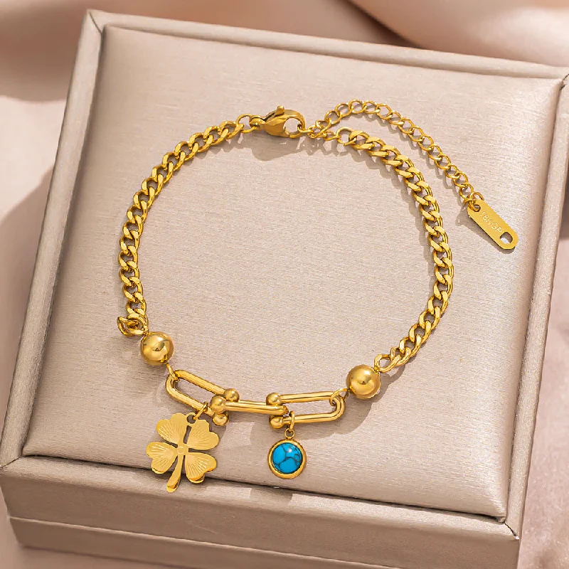 715 Pine Stone Four Leaf Flower Gold Bracelet