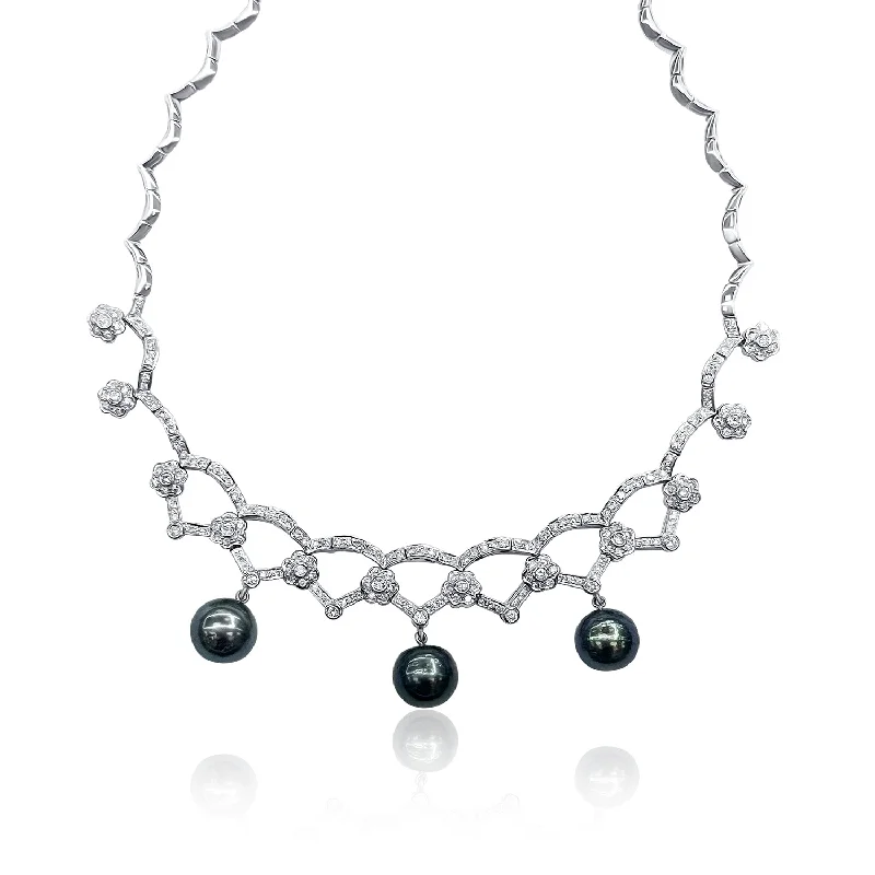 women’s luxury diamond necklaces-Diamond and Black Pearl Fancy Necklace in 14K White Gold