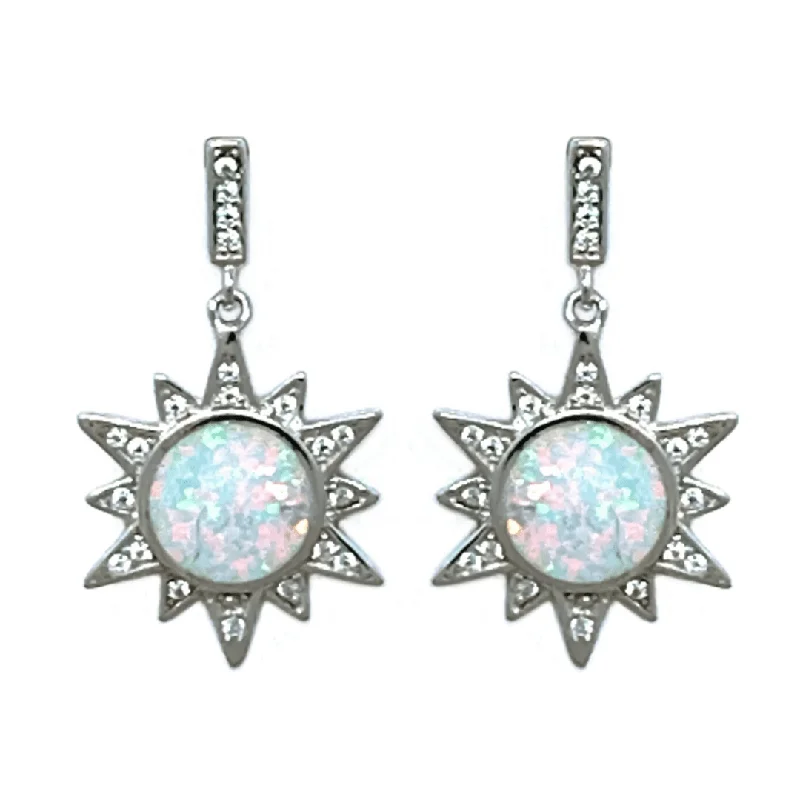 women’s vintage gold earrings-White Opal Sun CZ Sterling Silver Stud Earrings