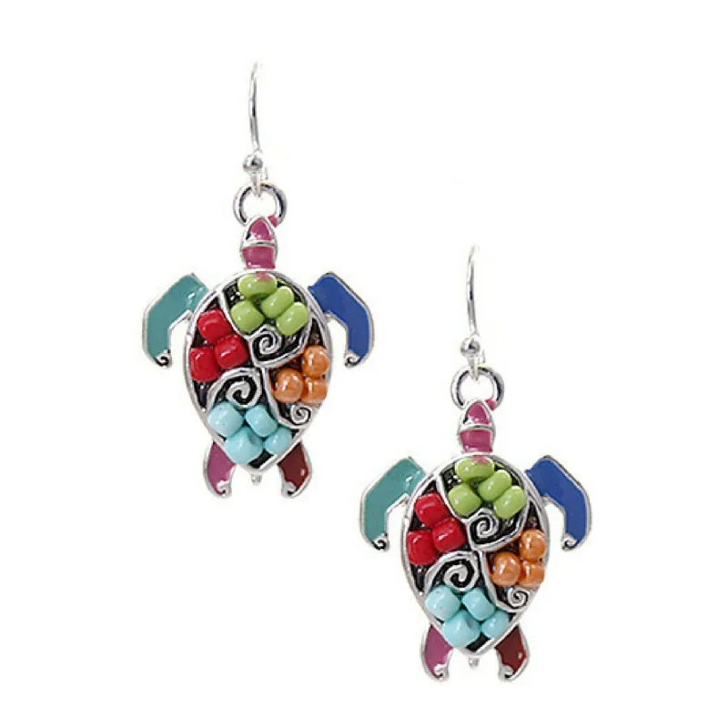 women’s long earrings-Seed Beaded Silver Sea Turtle Earrings