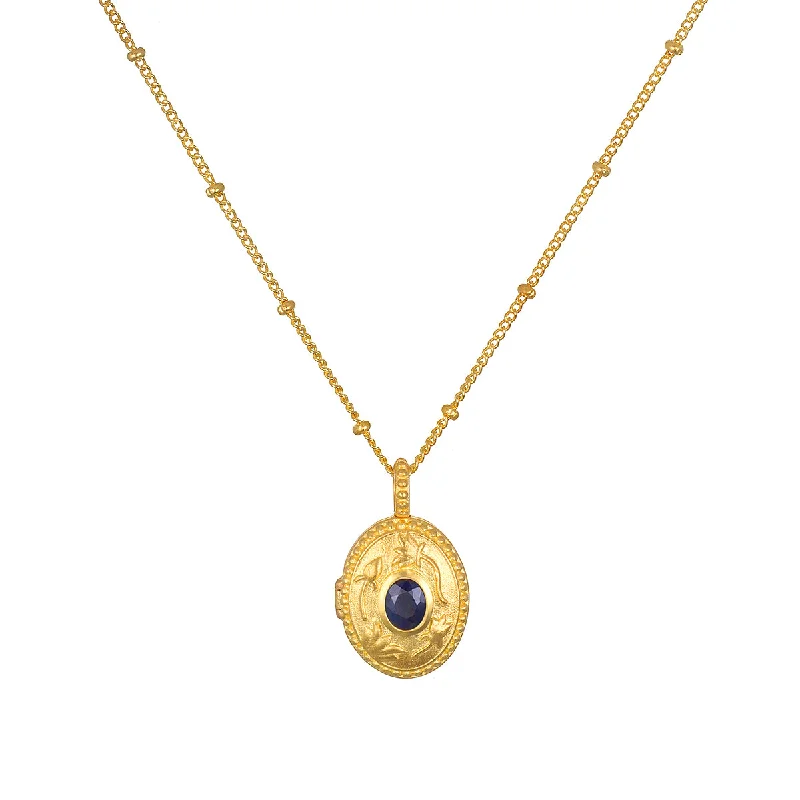 women’s heart necklaces-Lotus Sapphire Birthstone Locket Necklace - September