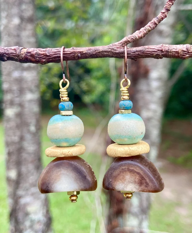 women’s gold tassel earrings-Geometric Natural Horn and Ceramic Bead Earrings