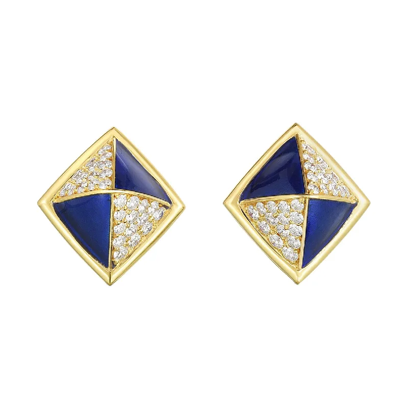 women’s square earrings-Diamond and Ceramic Blue Enamel Stud Earrings