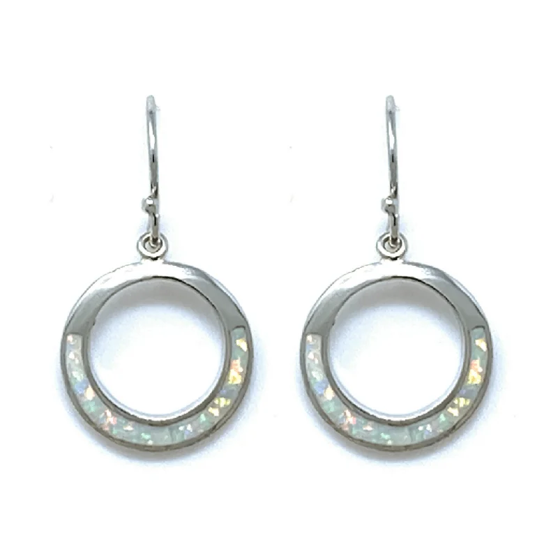 women’s drop stud earrings-White Opal Open Circle Sterling Silver Dangle Earrings