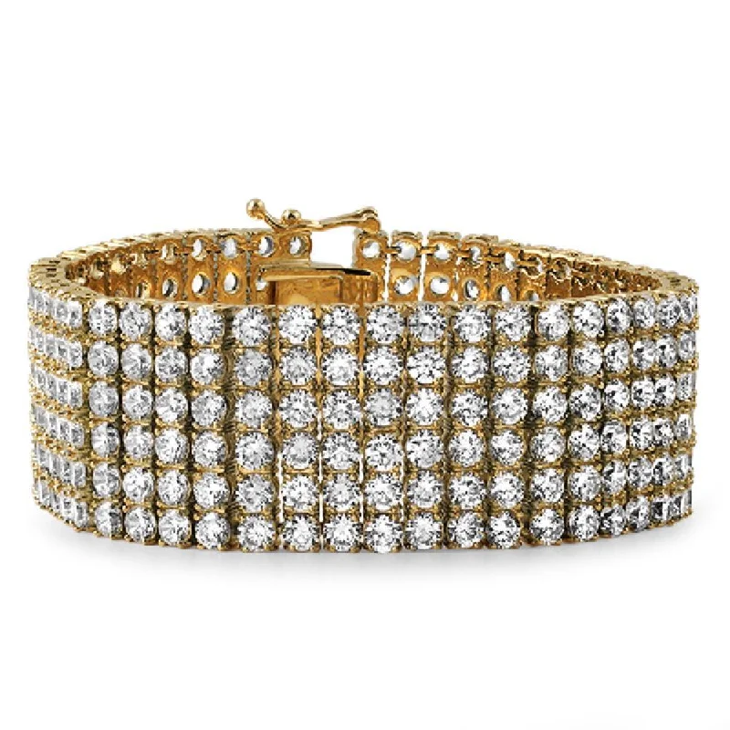 women’s hammered bangles-Gold Stainless Steel CZ 6 Row Iced Out Bracelet