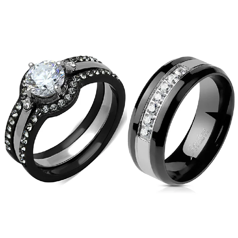 women’s three-stone engagement rings-Couple Ring Set Womens Black Stainless Steel Promise Ring Mens 7 CZs Wedding Band