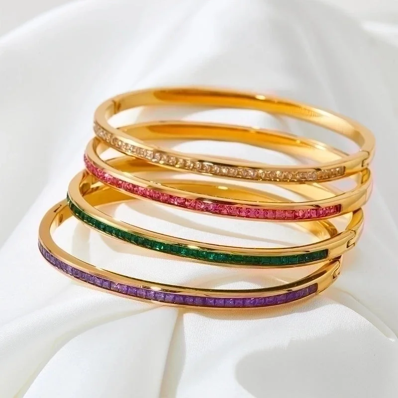 women’s colorful cuff bangles-Classic Style Solid Color Stainless Steel Plating Inlay Artificial Gemstones Bangle