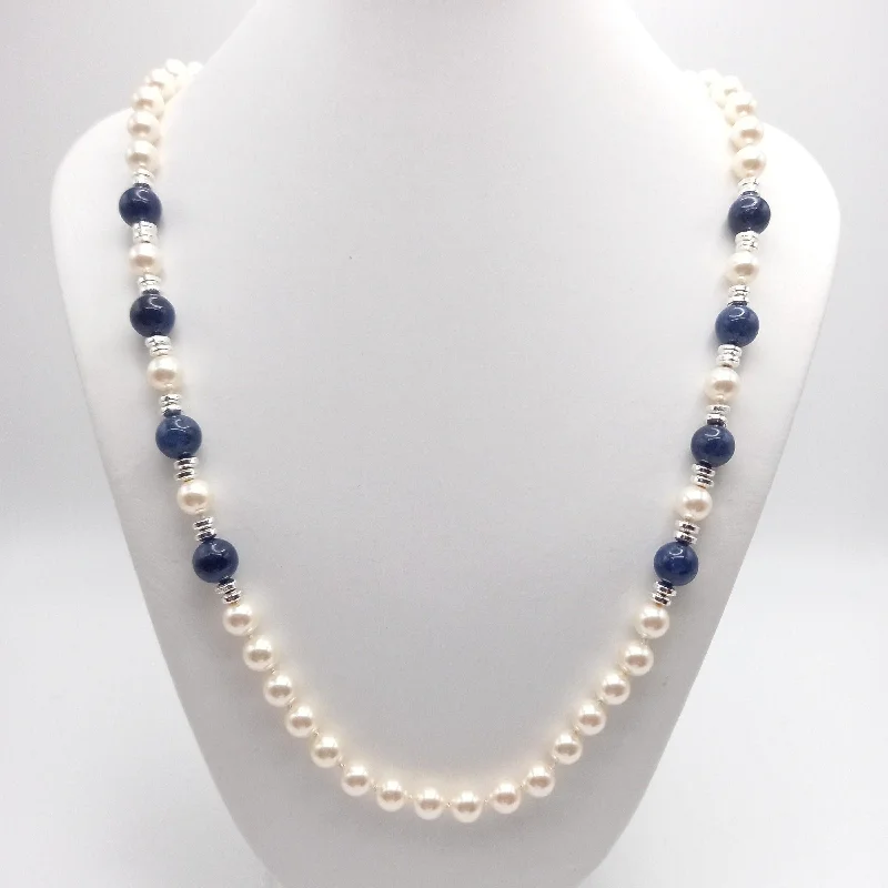 women’s choker necklaces-Pearl and Sodalite Necklace with a sparkling Ball Clasp