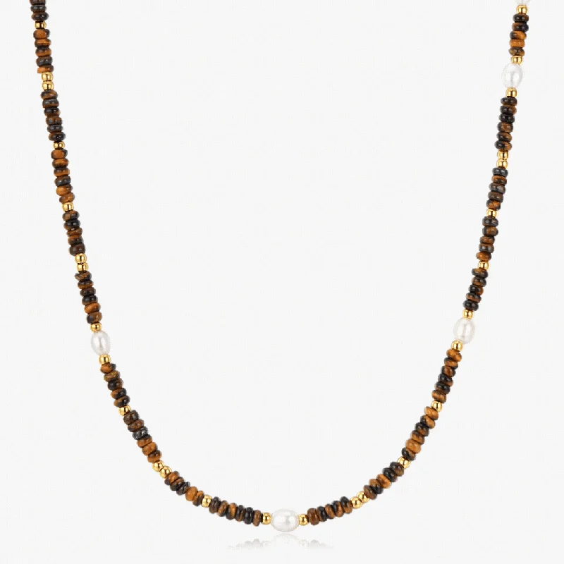 women’s statement necklaces-Tiger Eye Beads + Pearls Necklace