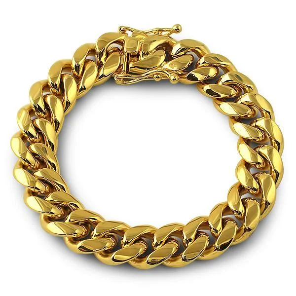 women’s chain bracelets-3X IP Gold Miami Cuban Bracelet Stainless Steel 14MM