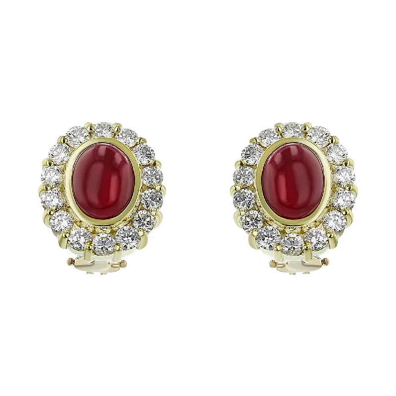 women’s elegant drop earrings-Cabochon Ruby Diamond Halo Earrings with Clip Backs